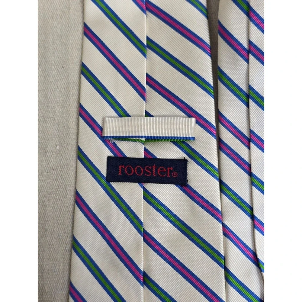 Rooster‎ Mens Silk Necktie White Blue Green Pink Striped Classic Tie